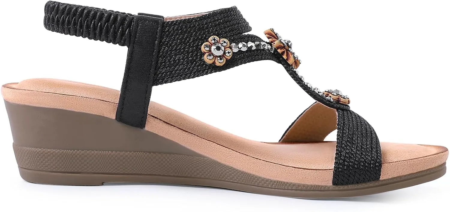 Wedge Sandals for Women Dressy, Comfortable Low Wedges Heels Ankle Strap Elastic Sandal Flower Rhinestones