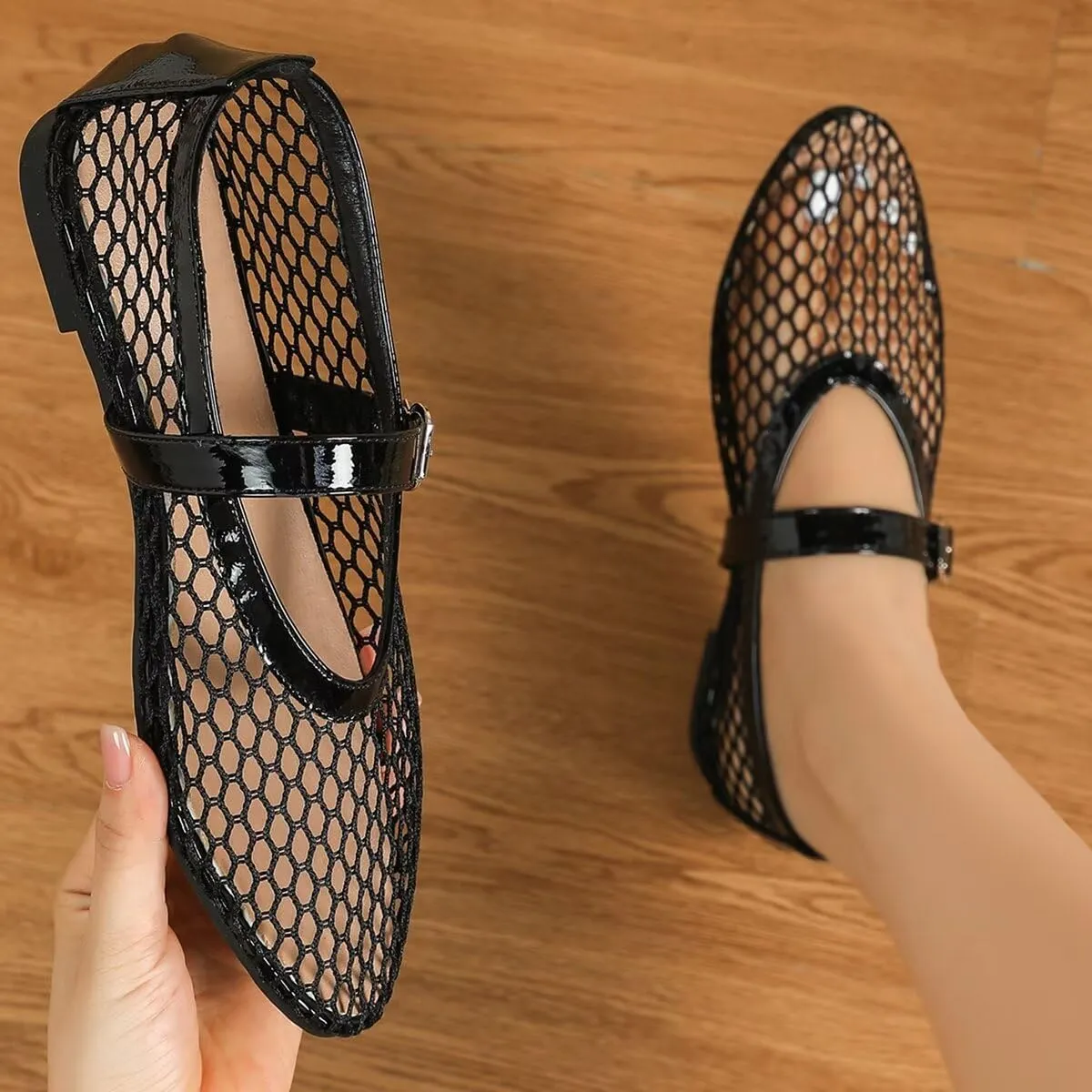 WENJIAZHIZHI Mesh Ballet Flats for Women Buckle Strap Comfy Breathable Shoes Casual Ballerina Shoes