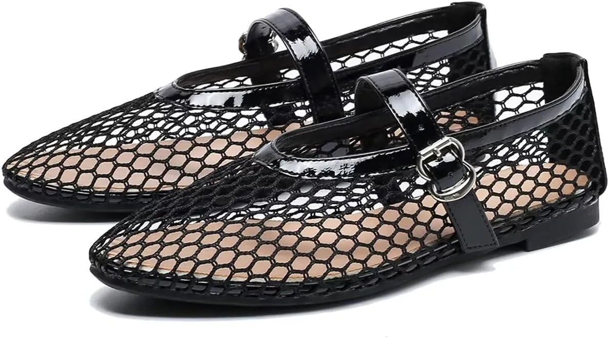 WENJIAZHIZHI Mesh Ballet Flats for Women Buckle Strap Comfy Breathable Shoes Casual Ballerina Shoes