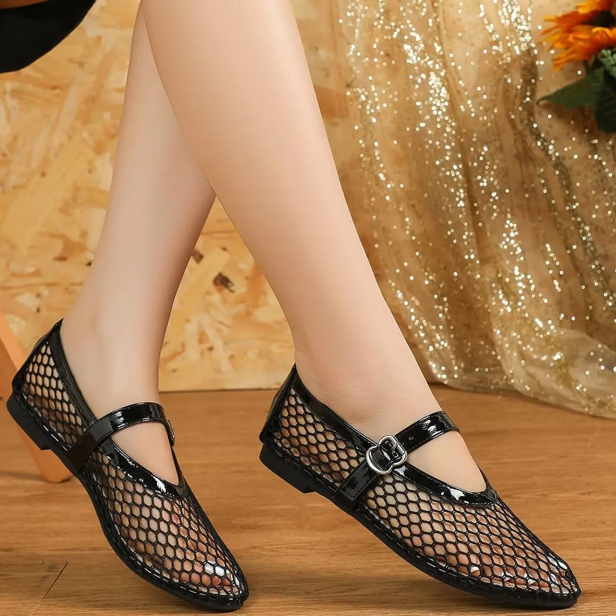 WENJIAZHIZHI Mesh Ballet Flats for Women Buckle Strap Comfy Breathable Shoes Casual Ballerina Shoes