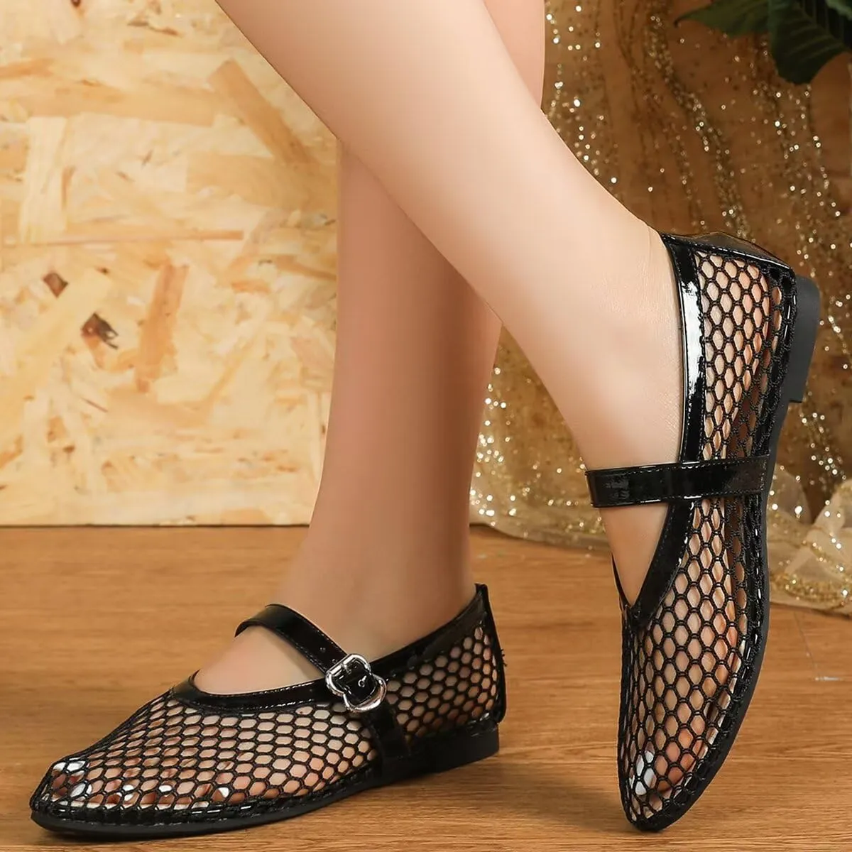 WENJIAZHIZHI Mesh Ballet Flats for Women Buckle Strap Comfy Breathable Shoes Casual Ballerina Shoes