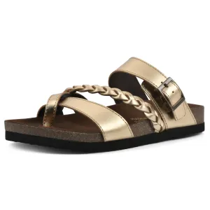 WHITE MOUNTAIN Women's Hazy Signature Comfort Molded Braided Strappy Footbed Sandal, Ant.Gold/Lea (W/Brown Sole), 7 M