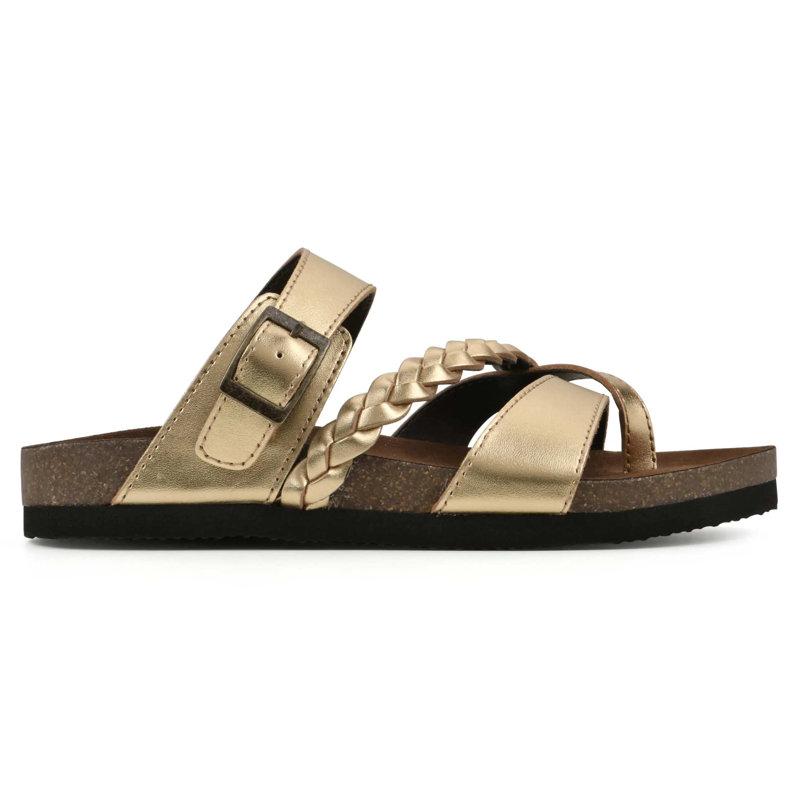 WHITE MOUNTAIN Women's Hazy Signature Comfort Molded Braided Strappy Footbed Sandal, Ant.Gold/Lea (W/Brown Sole), 7 M