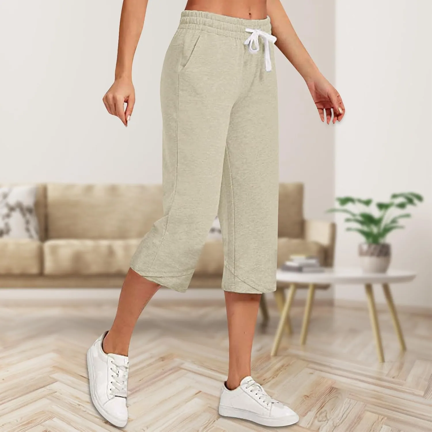 Wide Leg Capri Pants for Women Drawstring High Waisted Linen Palazzo Lounge Pants Summer Plus Size Comfy Sweatpant