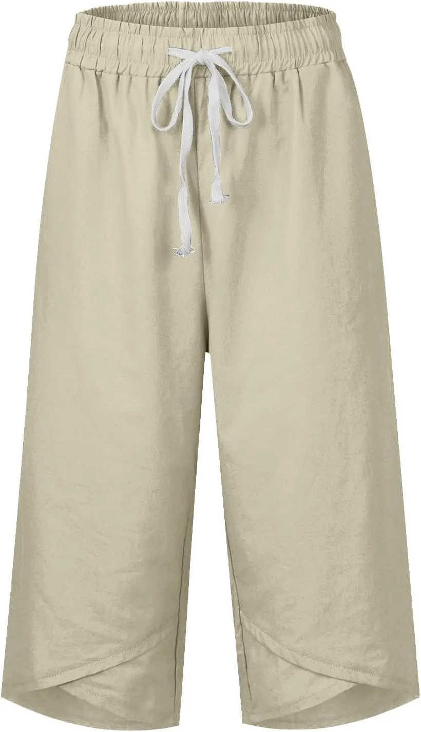 Wide Leg Capri Pants for Women Drawstring High Waisted Linen Palazzo Lounge Pants Summer Plus Size Comfy Sweatpant