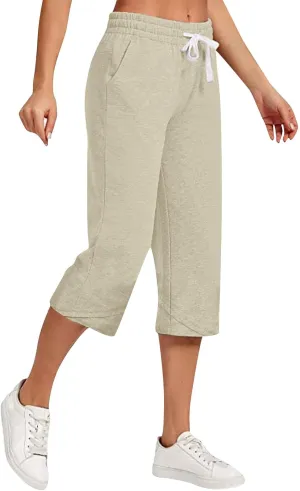 Wide Leg Capri Pants for Women Drawstring High Waisted Linen Palazzo Lounge Pants Summer Plus Size Comfy Sweatpant