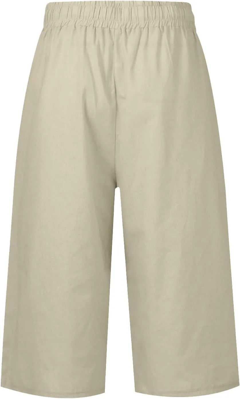 Wide Leg Capri Pants for Women Drawstring High Waisted Linen Palazzo Lounge Pants Summer Plus Size Comfy Sweatpant