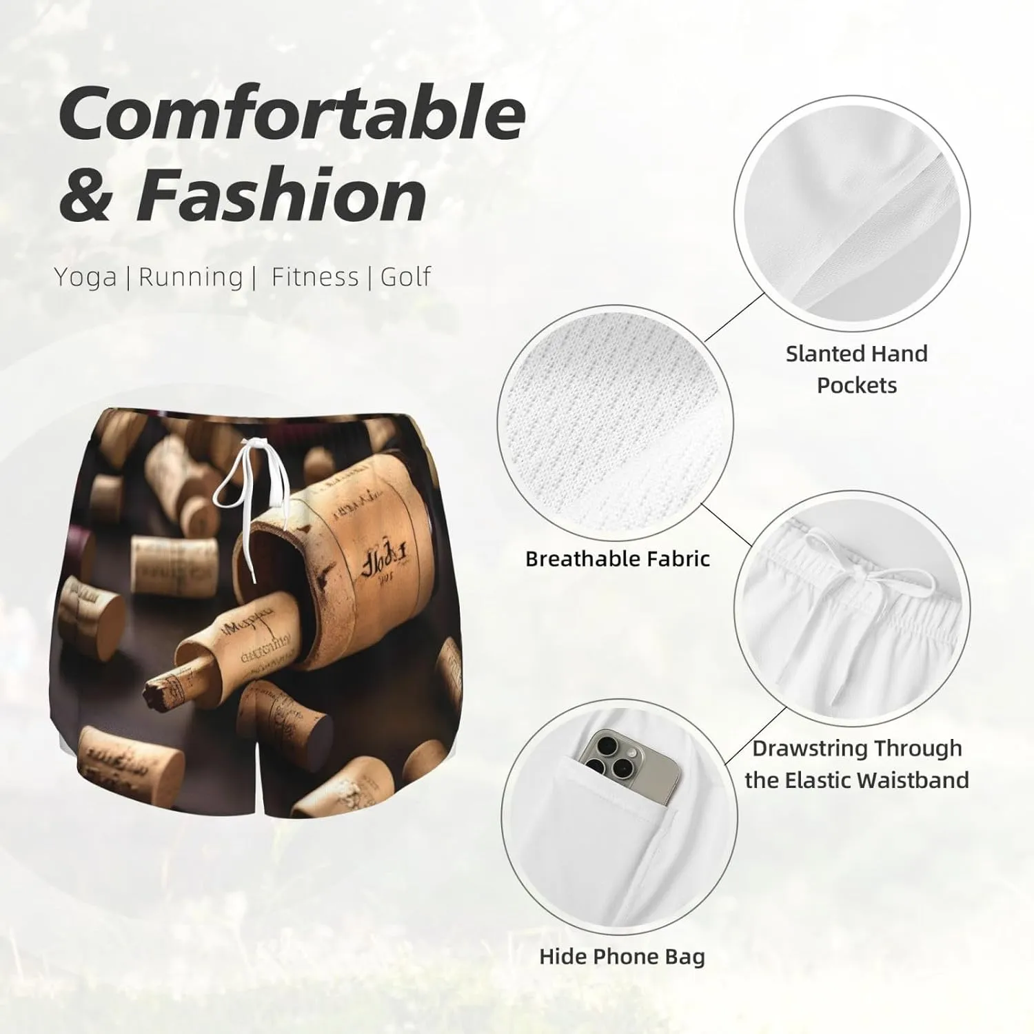Wine Bottle Cork Print Women's Running Shorts High Waisted Athletic Shorts Quick Dry Gym Workout Shorts
