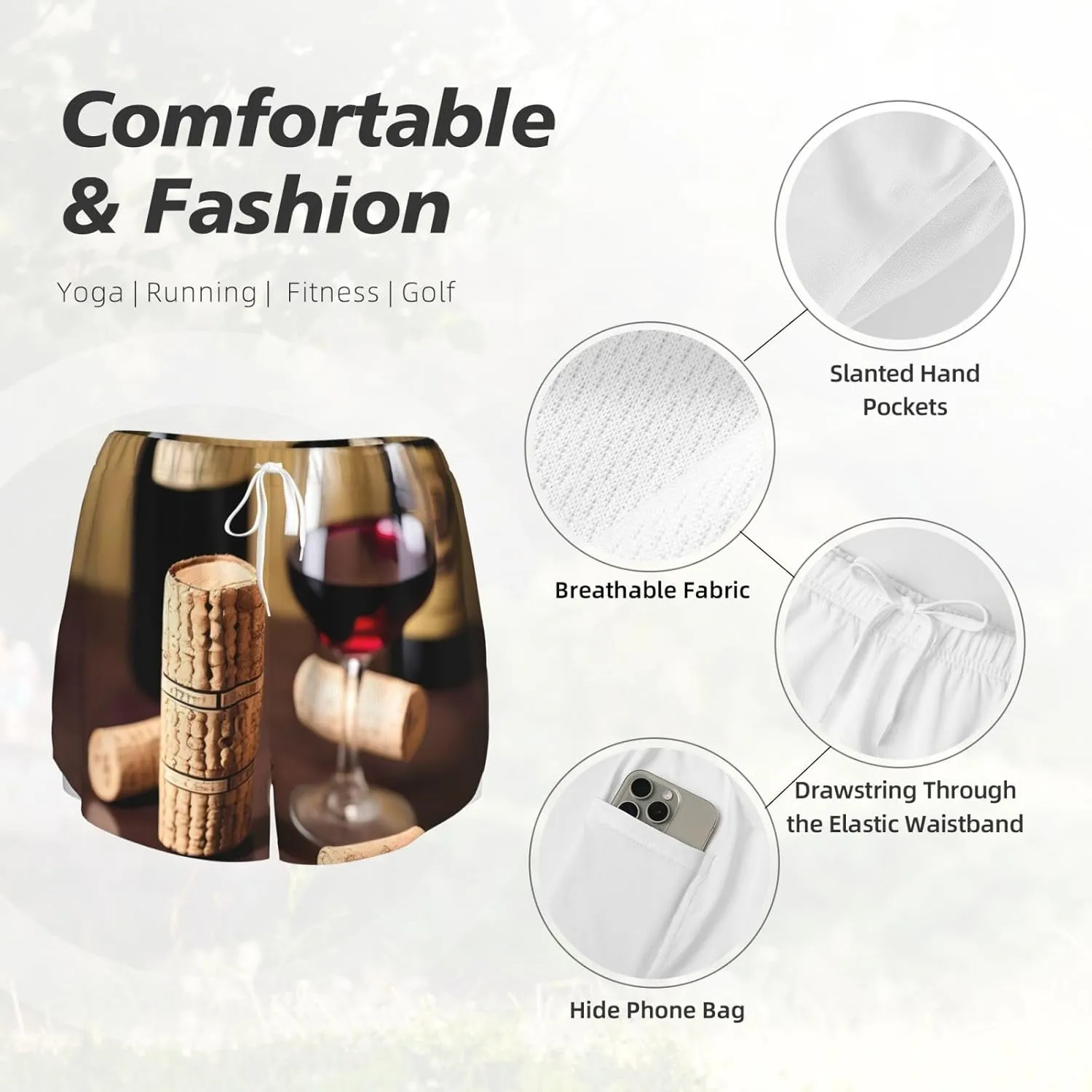Wine Cork Print Women's Running Shorts High Waisted Athletic Shorts Quick Dry Gym Workout Shorts