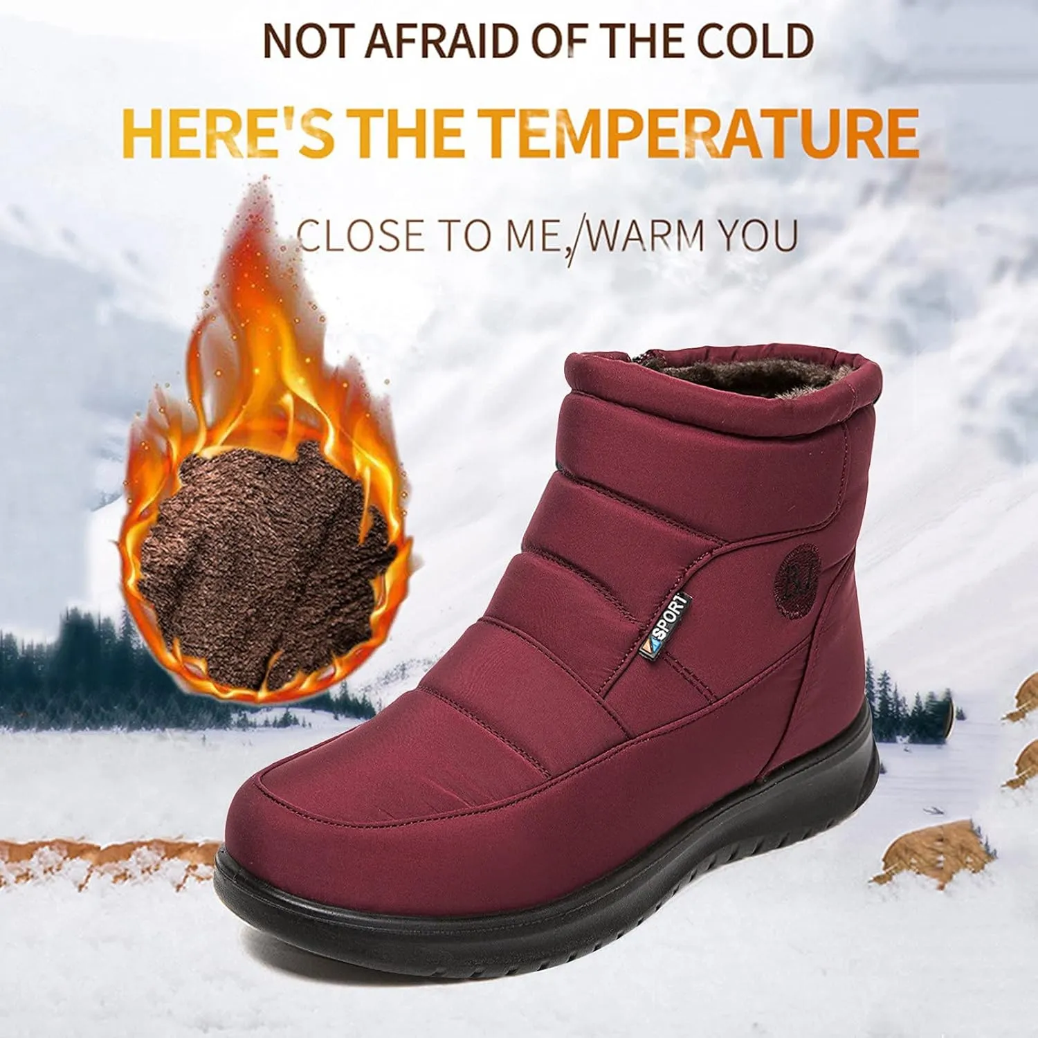 Winter Shoes Womens Ankle Boots Ladies Snow Boots Winter Warm Fur Lined Booties Thickening Zip Flat Outdoor Booties Anti-slip
