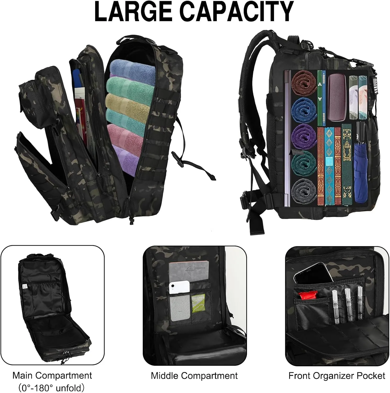 WOLT | Tactical Backpack for Men 45L Military Backpack Large 3 Day Assault Pack Molle Rucking Bag for Hiking Survival, Camouflage Black