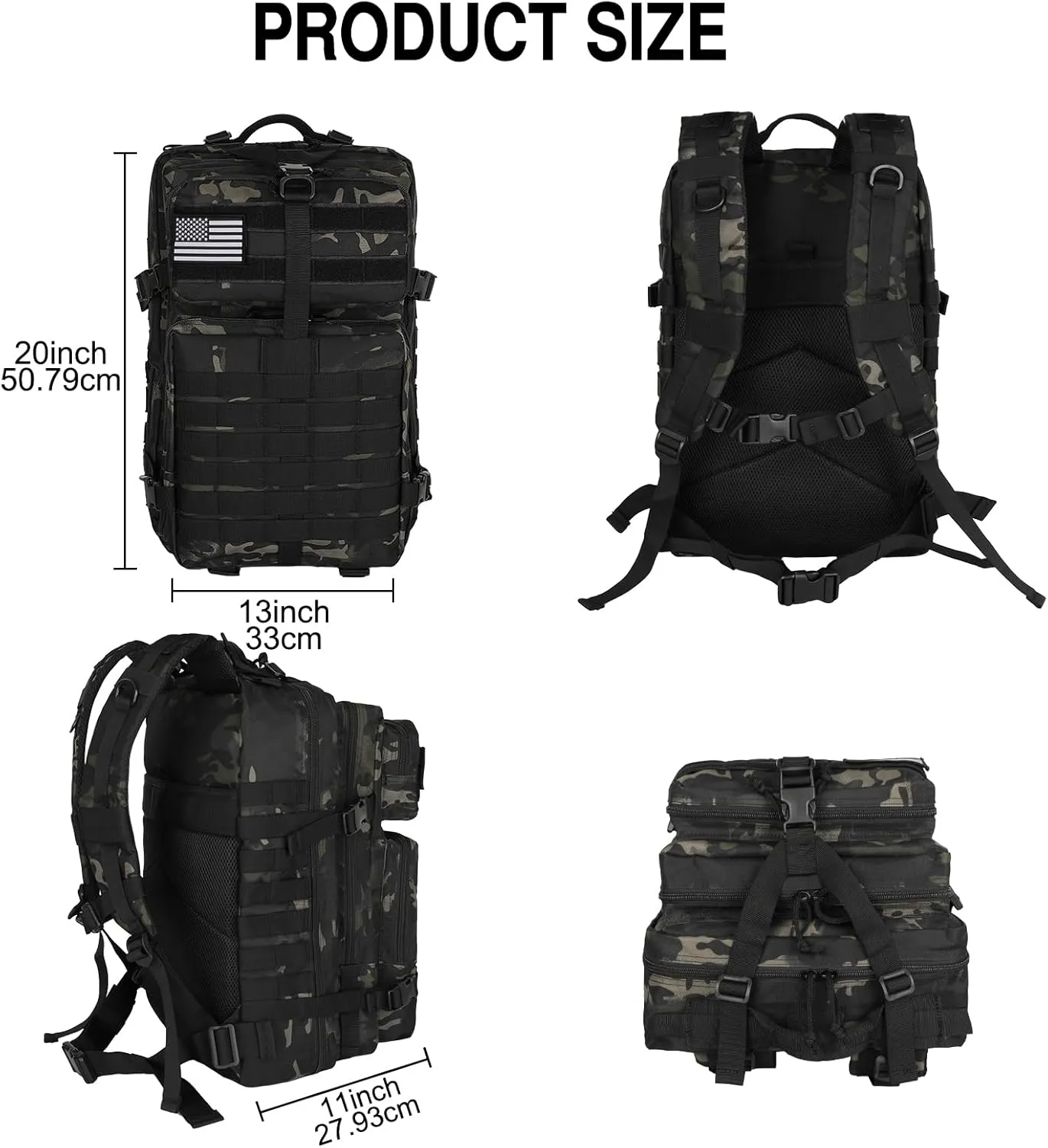 WOLT | Tactical Backpack for Men 45L Military Backpack Large 3 Day Assault Pack Molle Rucking Bag for Hiking Survival, Camouflage Black