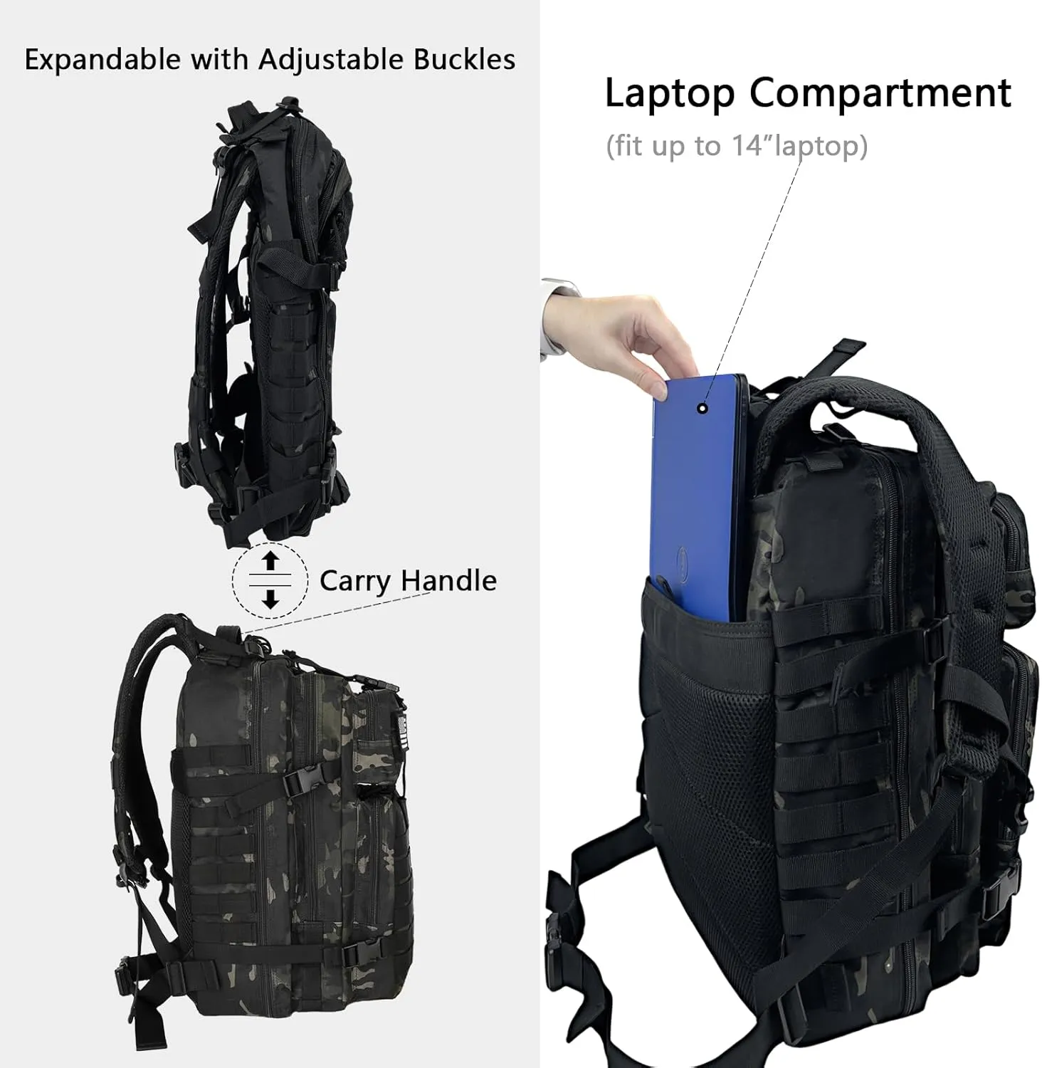 WOLT | Tactical Backpack for Men 45L Military Backpack Large 3 Day Assault Pack Molle Rucking Bag for Hiking Survival, Camouflage Black