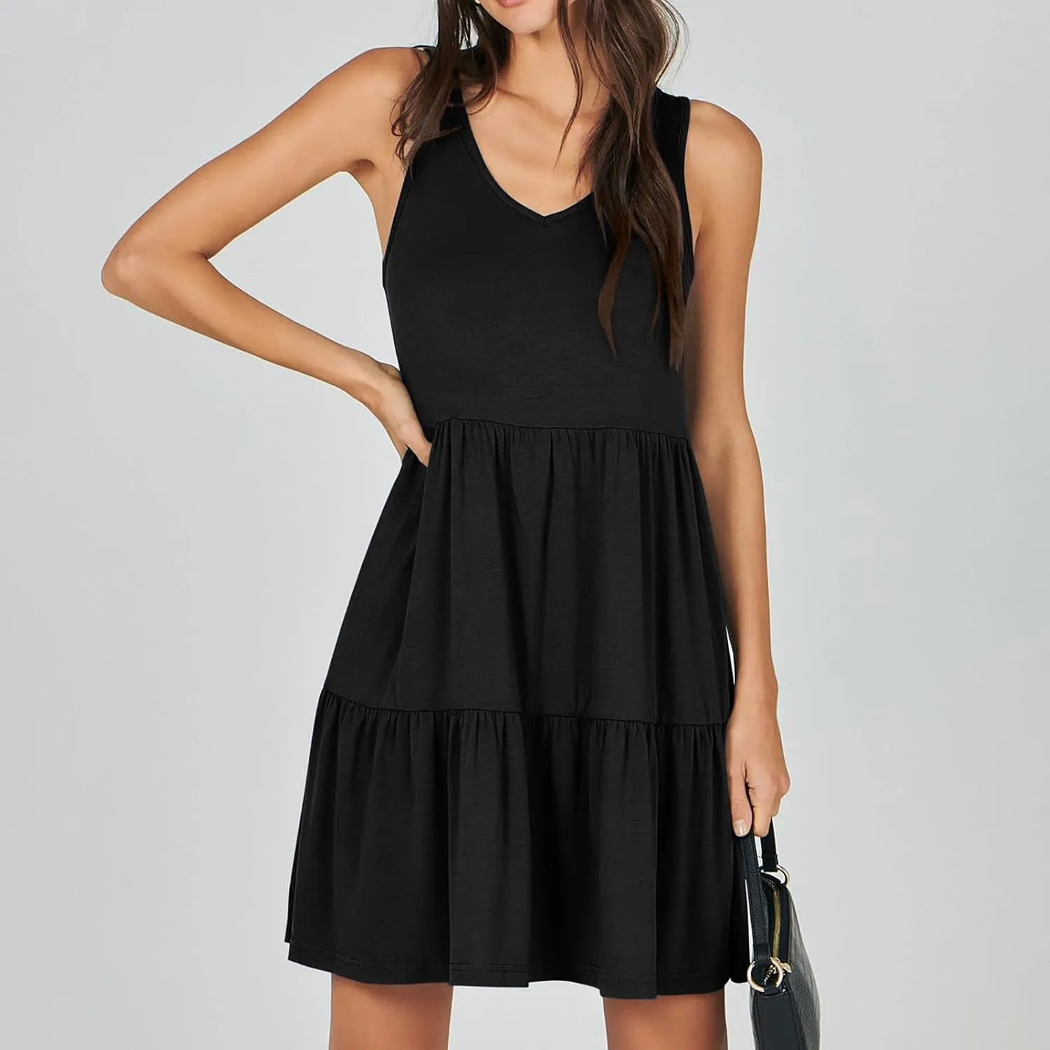 Women Classic Summer V-Neck Dress Solid Color Sleeveless Pleated A-Line High Waisted Beachwear Dresses with Pocket