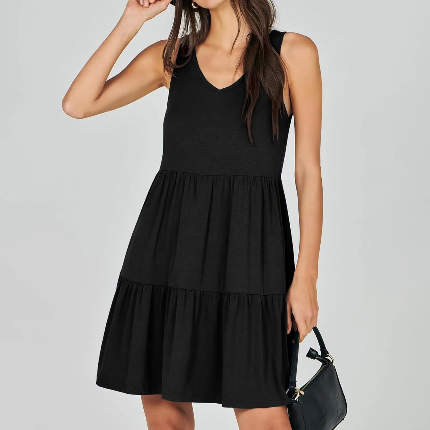 Women Classic Summer V-Neck Dress Solid Color Sleeveless Pleated A-Line High Waisted Beachwear Dresses with Pocket