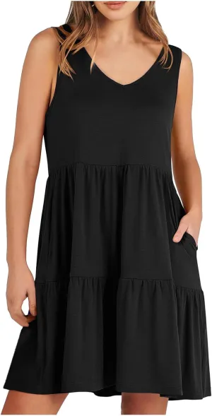 Women Classic Summer V-Neck Dress Solid Color Sleeveless Pleated A-Line High Waisted Beachwear Dresses with Pocket
