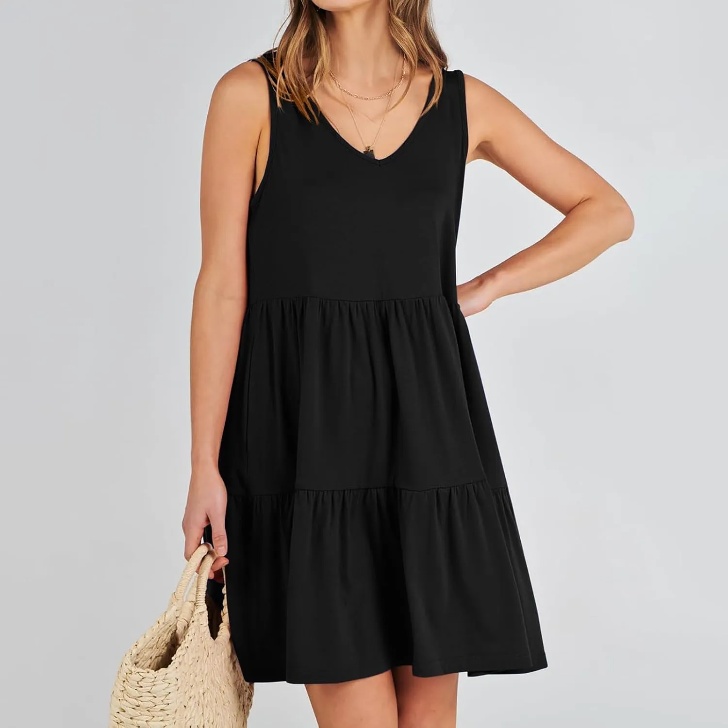 Women Classic Summer V-Neck Dress Solid Color Sleeveless Pleated A-Line High Waisted Beachwear Dresses with Pocket