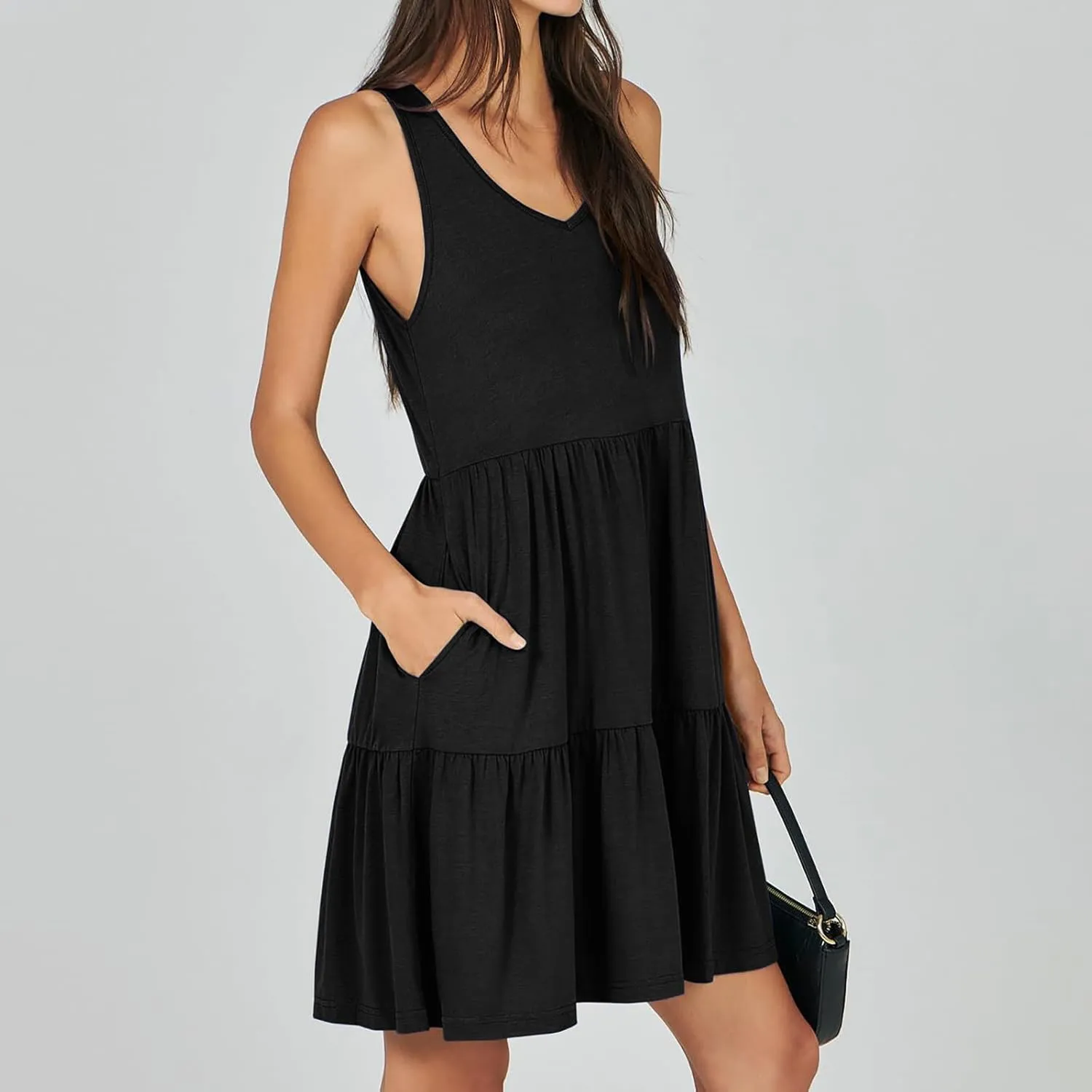 Women Classic Summer V-Neck Dress Solid Color Sleeveless Pleated A-Line High Waisted Beachwear Dresses with Pocket