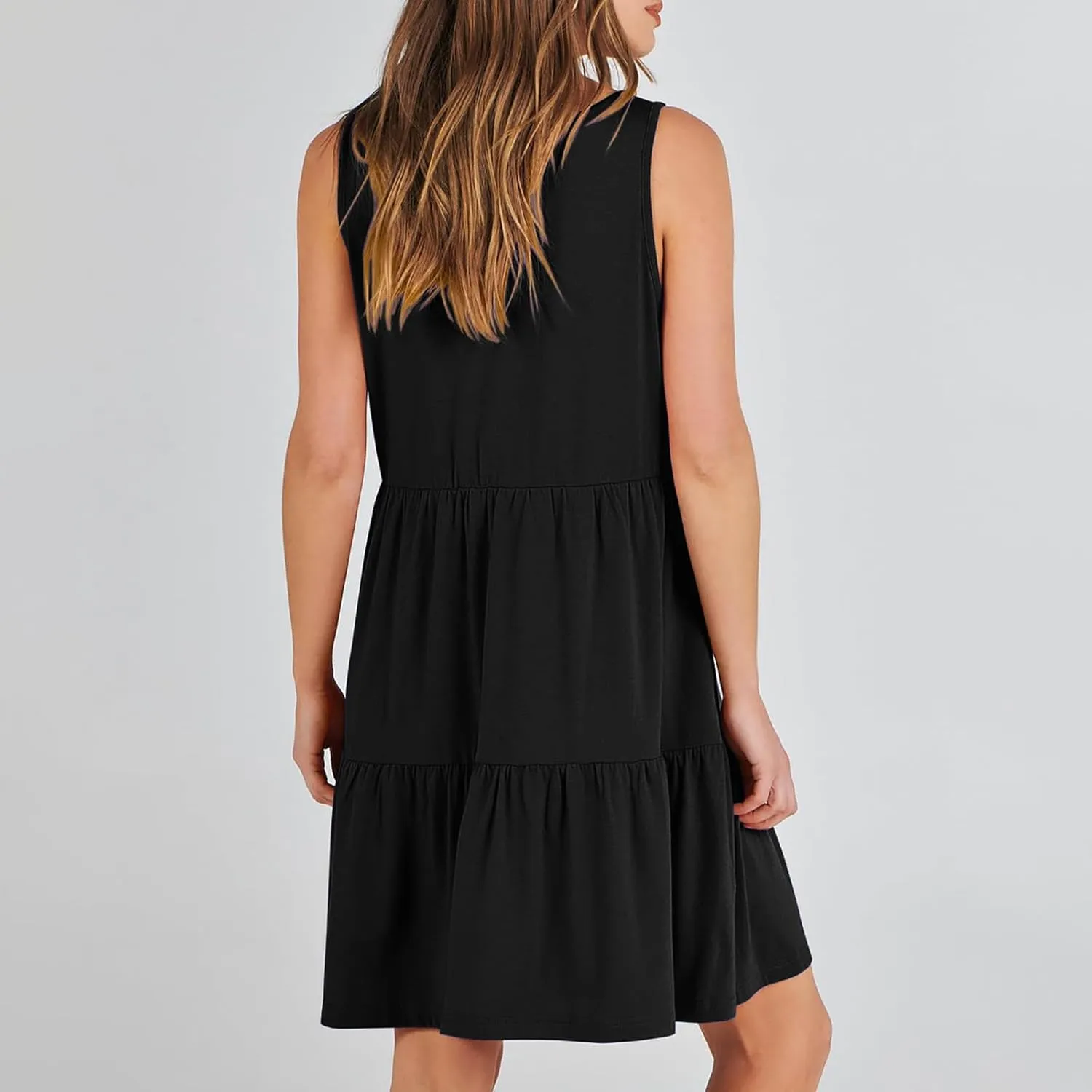 Women Classic Summer V-Neck Dress Solid Color Sleeveless Pleated A-Line High Waisted Beachwear Dresses with Pocket