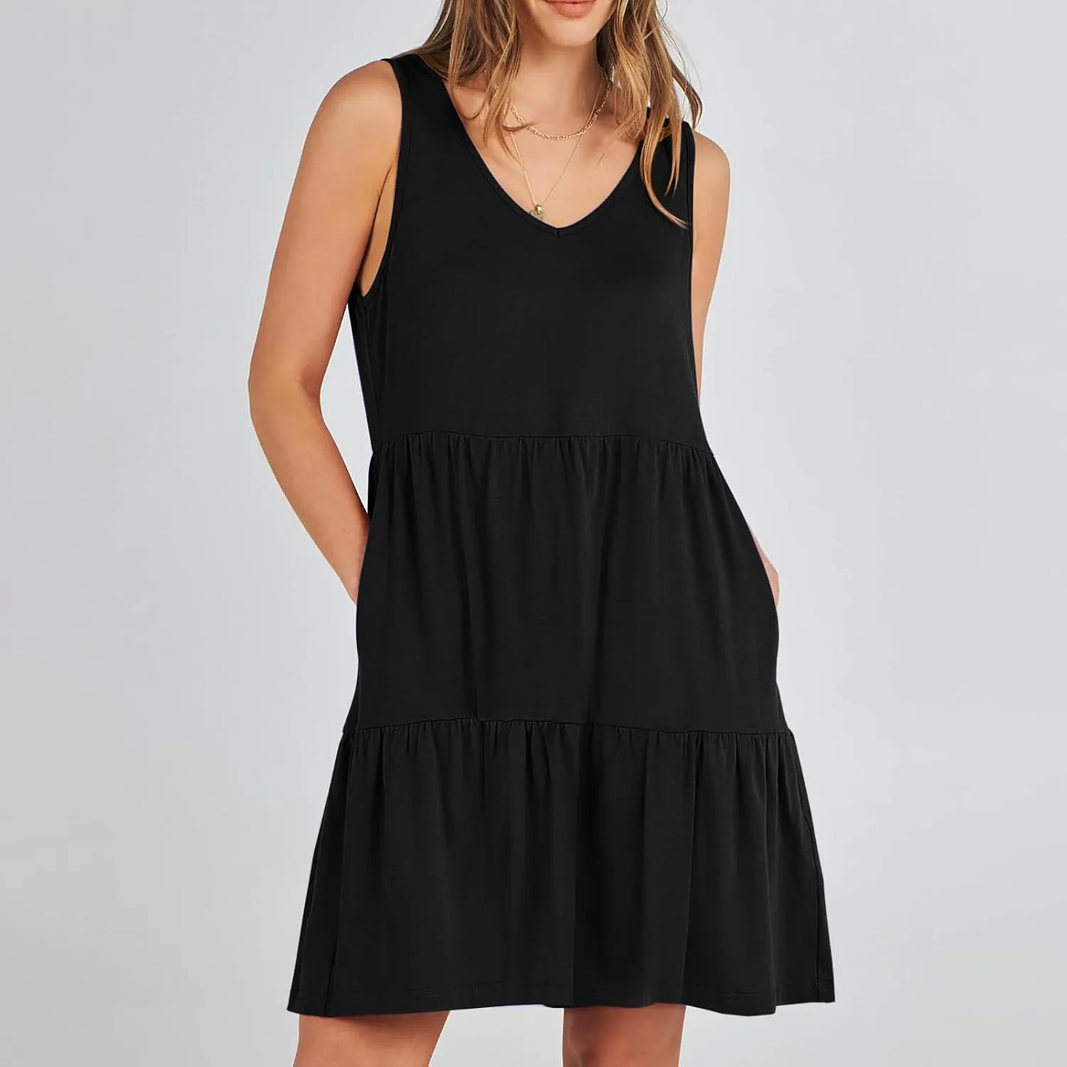 Women Classic Summer V-Neck Dress Solid Color Sleeveless Pleated A-Line High Waisted Beachwear Dresses with Pocket