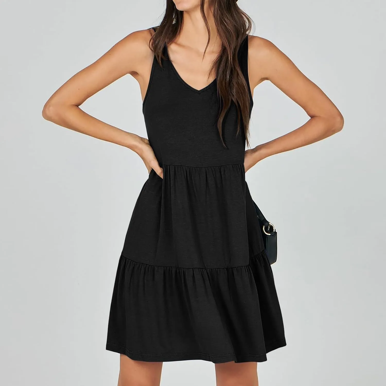Women Classic Summer V-Neck Dress Solid Color Sleeveless Pleated A-Line High Waisted Beachwear Dresses with Pocket