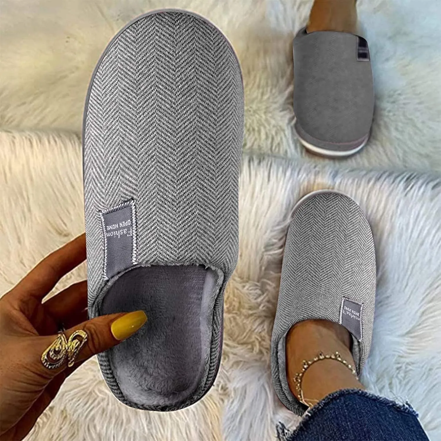 Women Outdoor Anti Skid Plush Slippers Slip On Cozy Warm Washable House Shoes Closed Toe Preppy Indoor Non-Slip Flat