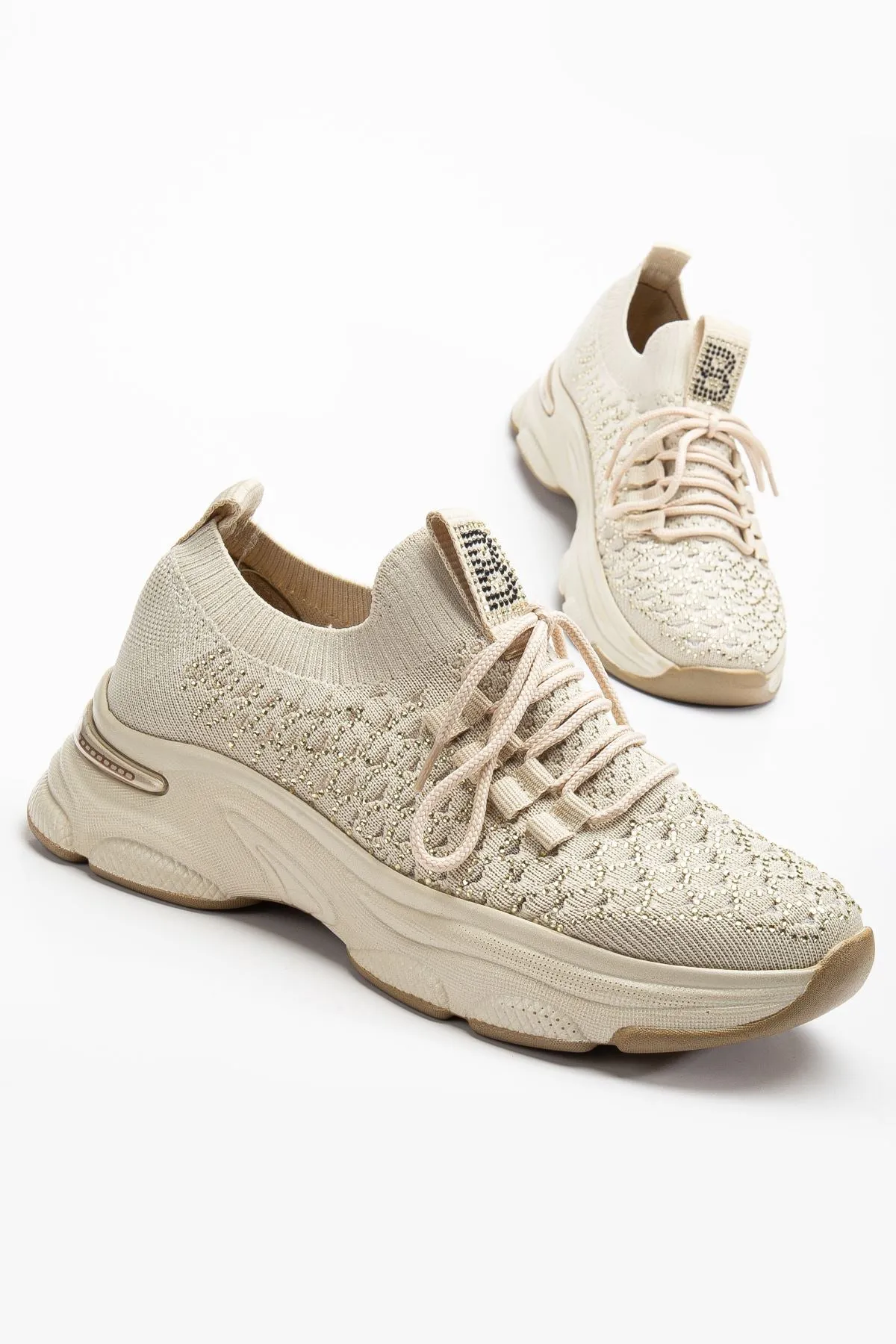 Women's Beige Knit Lace-Up High Heel Comfortable Sneaker