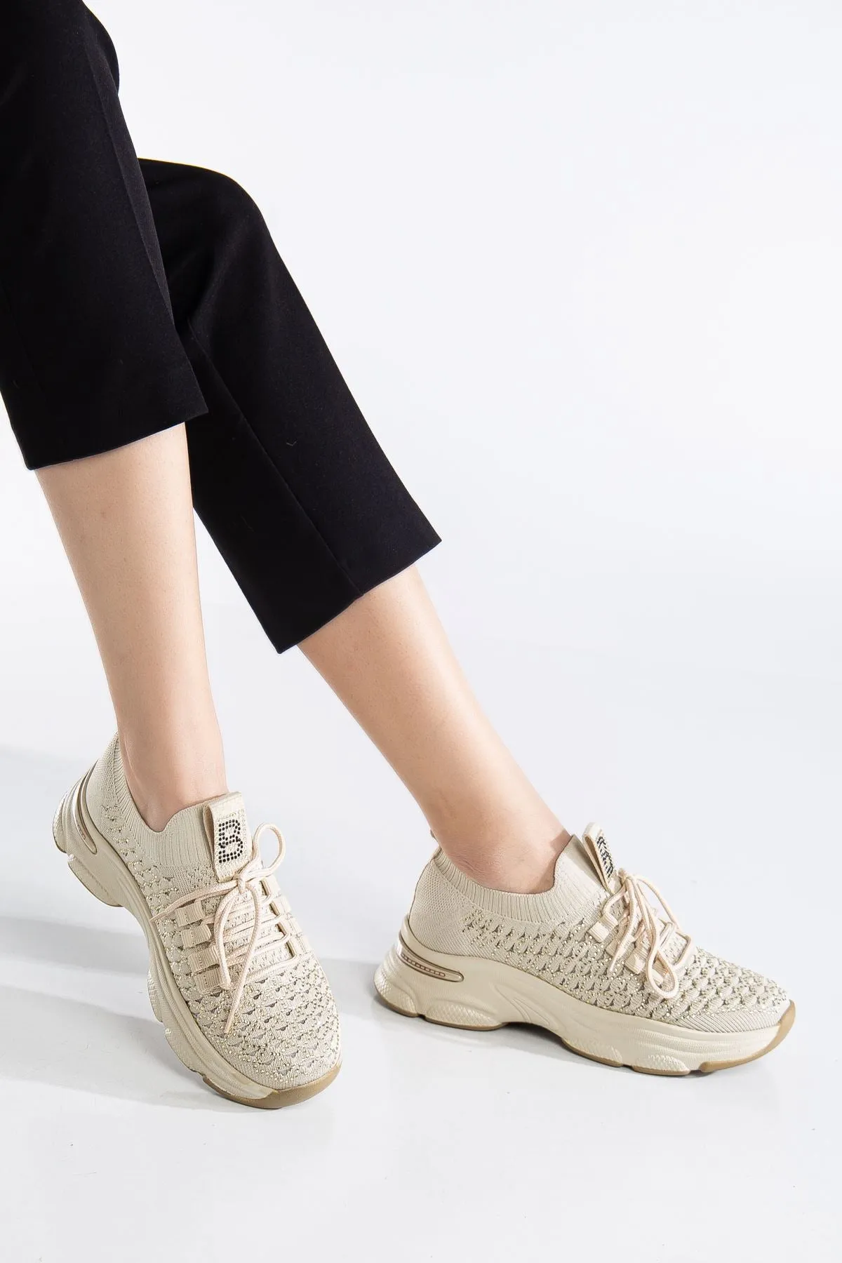 Women's Beige Knit Lace-Up High Heel Comfortable Sneaker