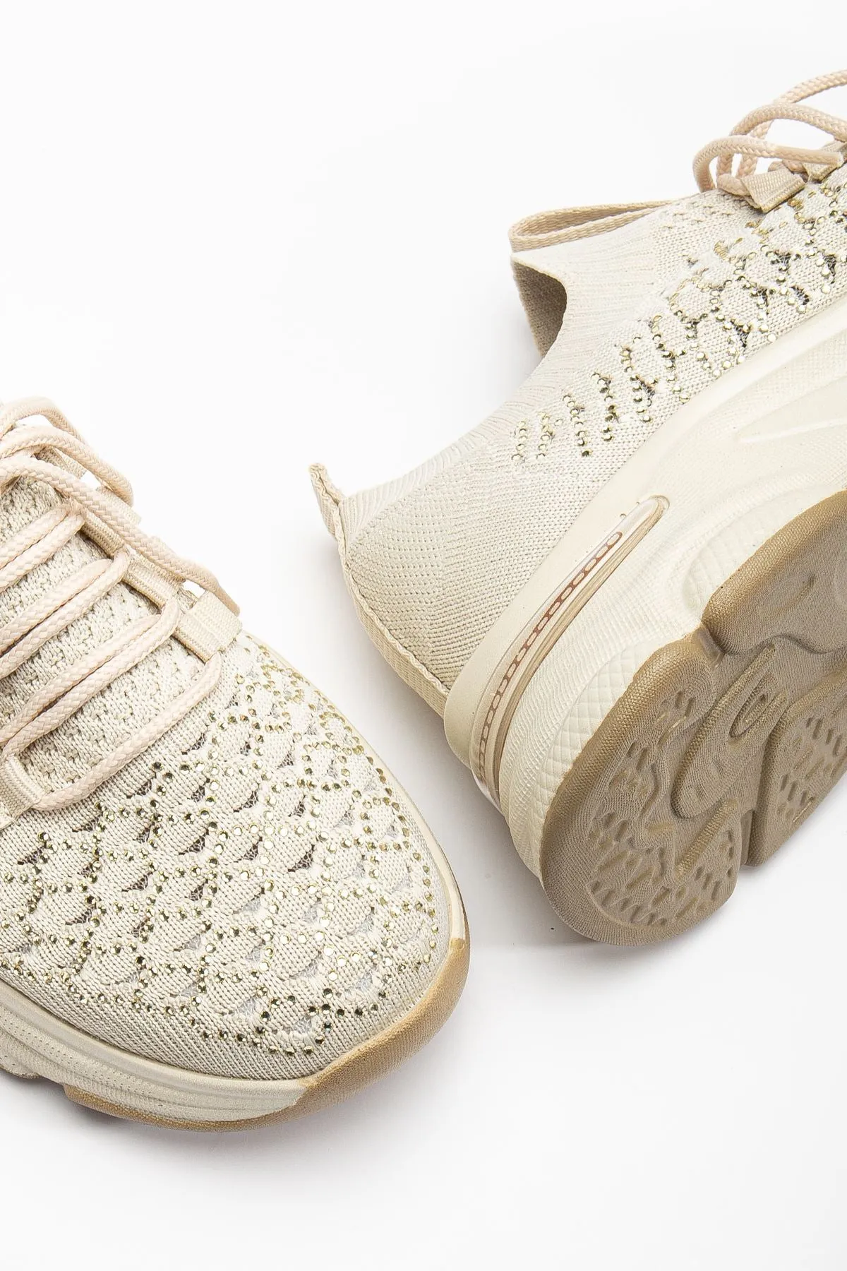 Women's Beige Knit Lace-Up High Heel Comfortable Sneaker