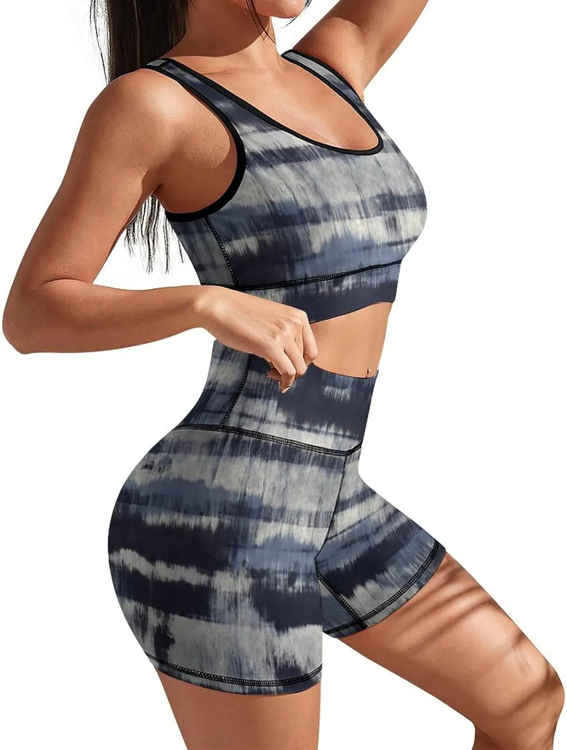Women's Black White Oblique Segments Workout Sets 2 Piece Gym Sets High Waisted Yoga Shorts with Sports Bra
