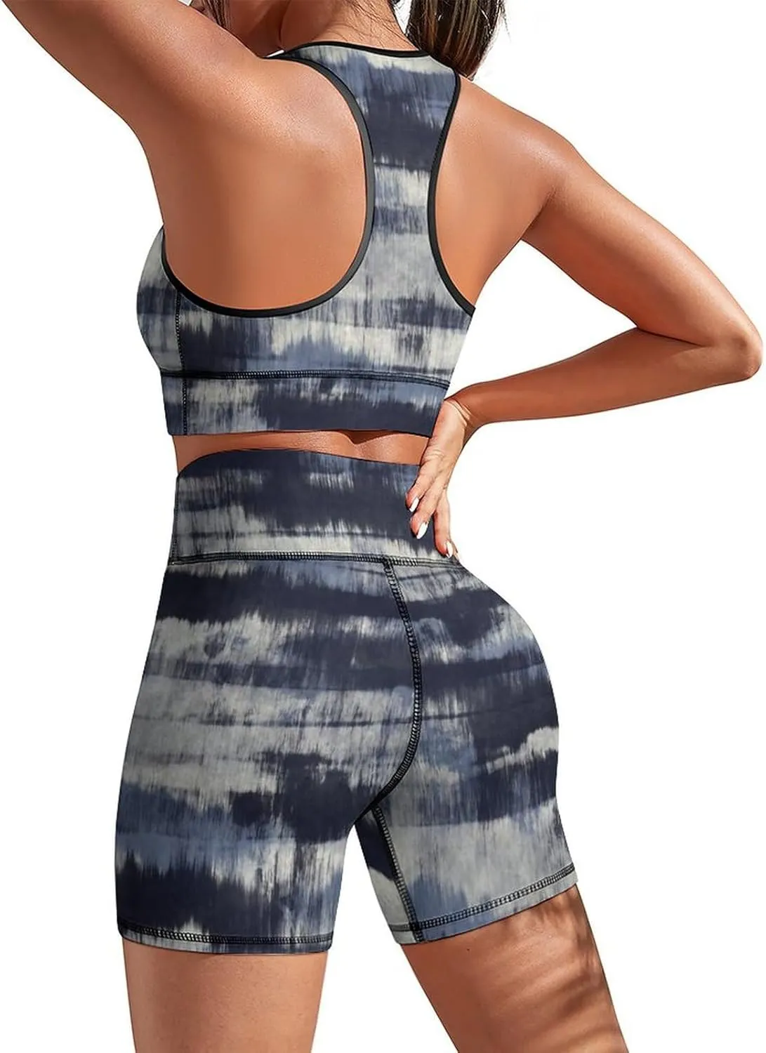 Women's Black White Oblique Segments Workout Sets 2 Piece Gym Sets High Waisted Yoga Shorts with Sports Bra