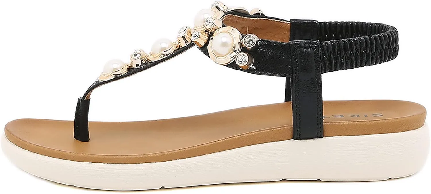 Womens Bohemian Glitter Summer Flat Sandals Prime Rhinestone T-Strap Pretend Pearls Thong Shoes