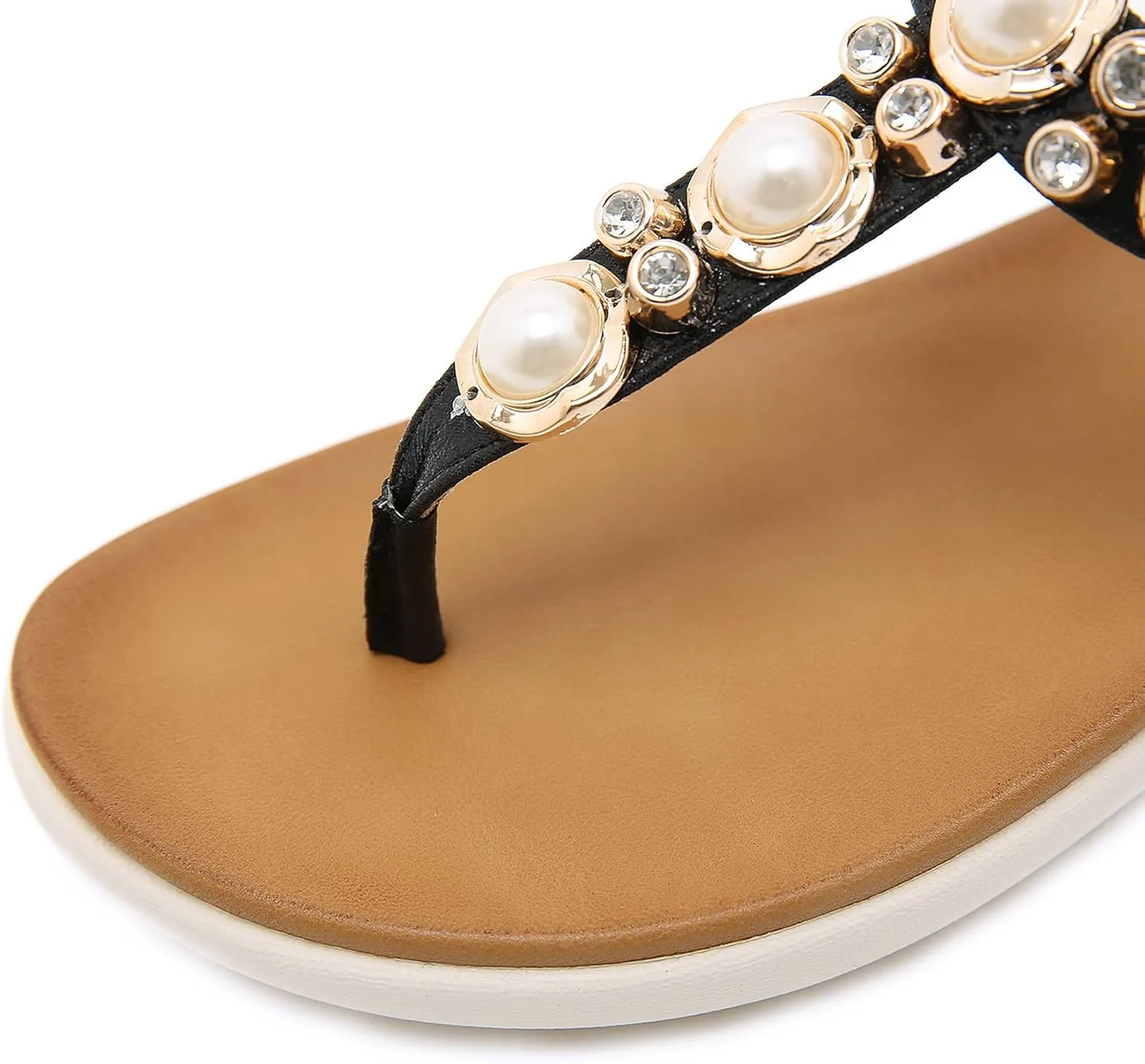 Womens Bohemian Glitter Summer Flat Sandals Prime Rhinestone T-Strap Pretend Pearls Thong Shoes