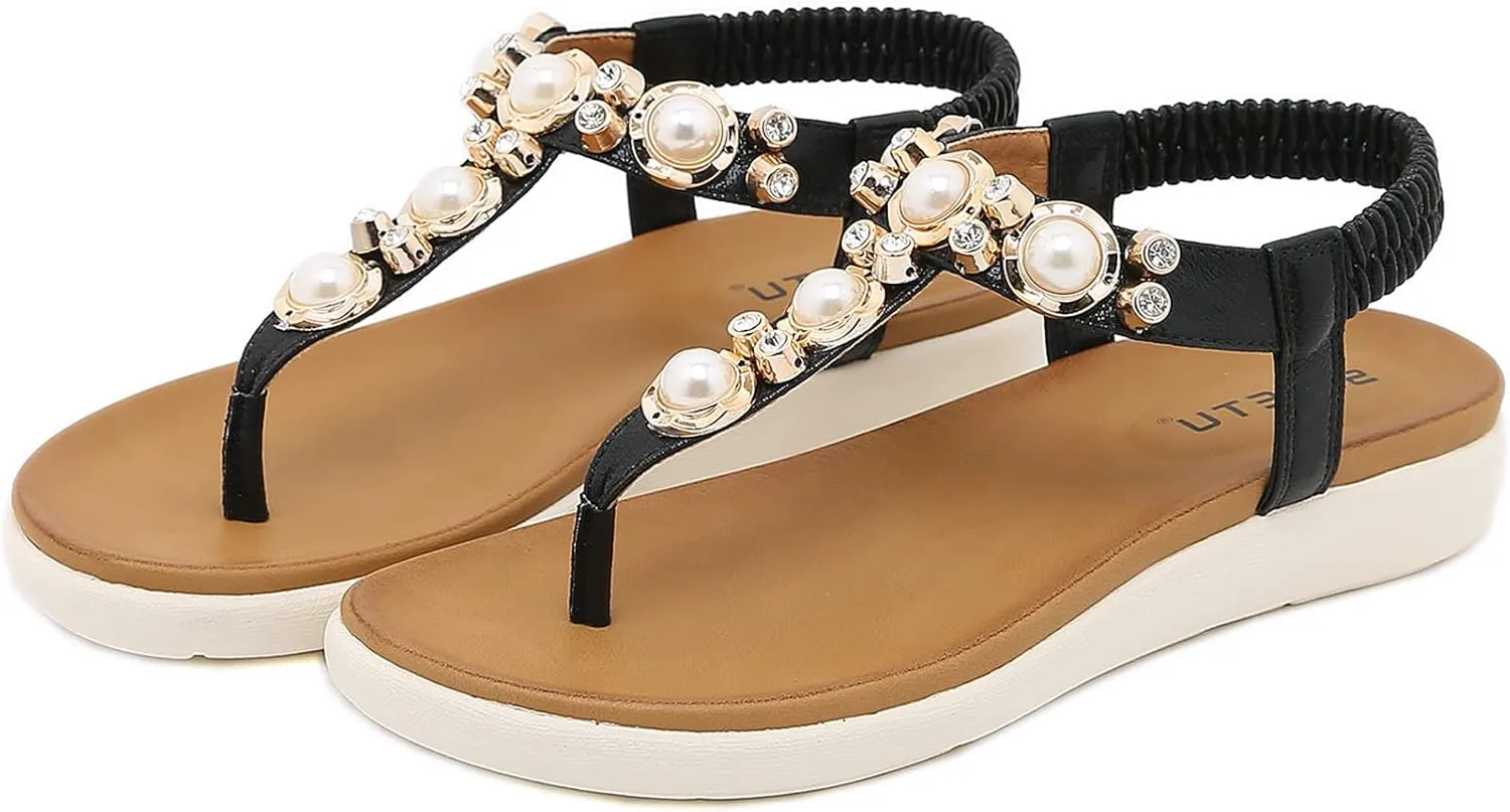Womens Bohemian Glitter Summer Flat Sandals Prime Rhinestone T-Strap Pretend Pearls Thong Shoes