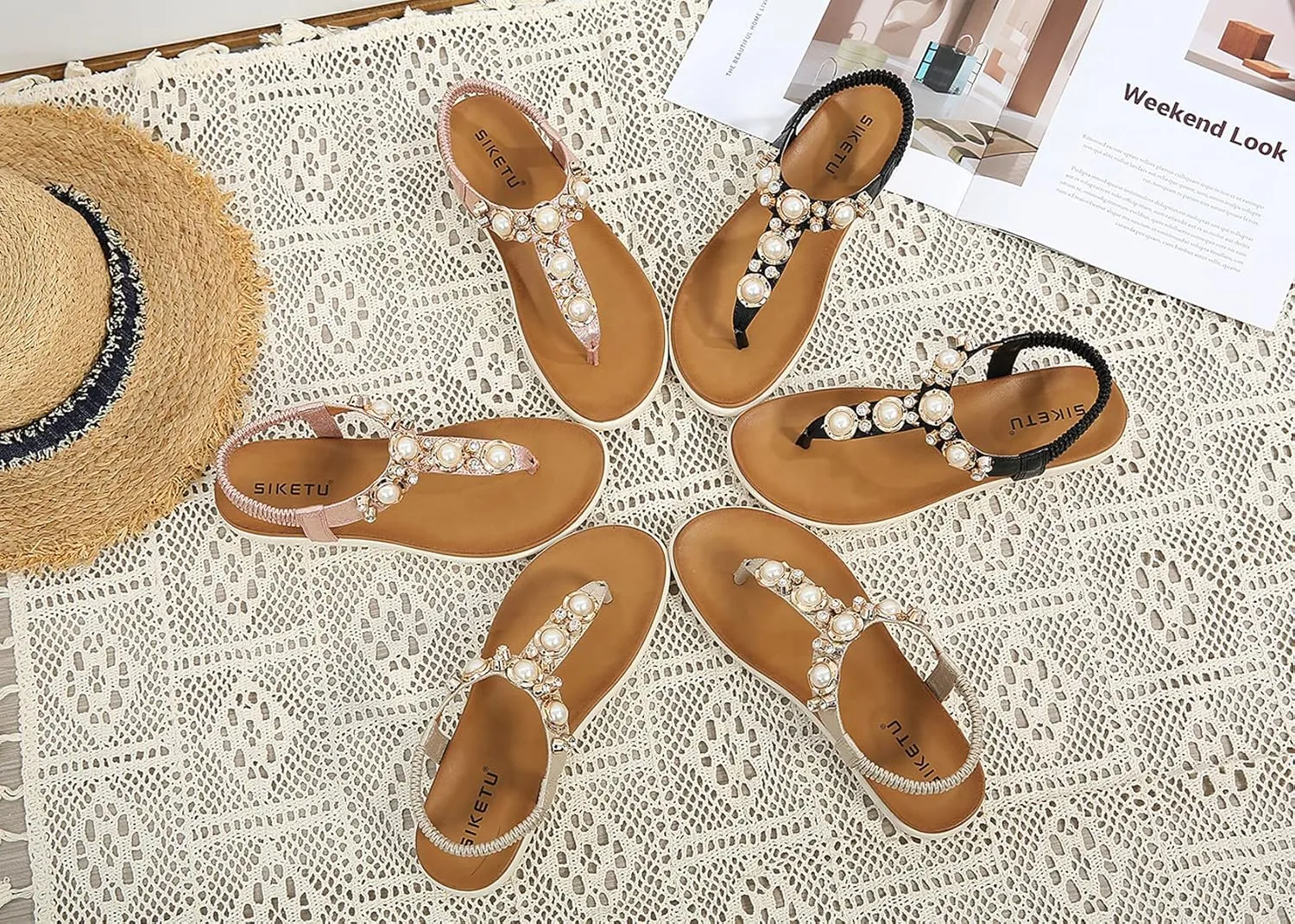Womens Bohemian Glitter Summer Flat Sandals Prime Rhinestone T-Strap Pretend Pearls Thong Shoes