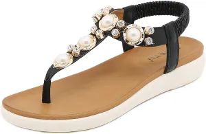Womens Bohemian Glitter Summer Flat Sandals Prime Rhinestone T-Strap Pretend Pearls Thong Shoes