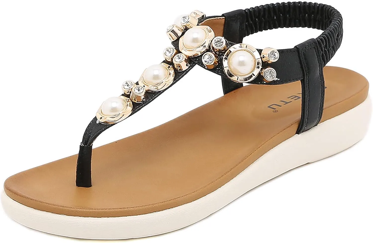 Womens Bohemian Glitter Summer Flat Sandals Prime Rhinestone T-Strap Pretend Pearls Thong Shoes