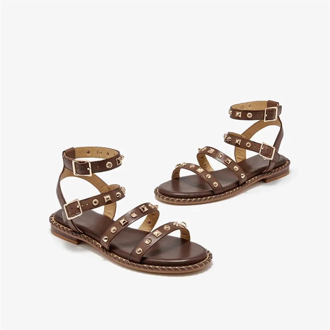 Womens Buckle Strap Ankle Strap Flat Heel Open Side Vamp Basic Sandals Cow Leather Metal Decoration Casual