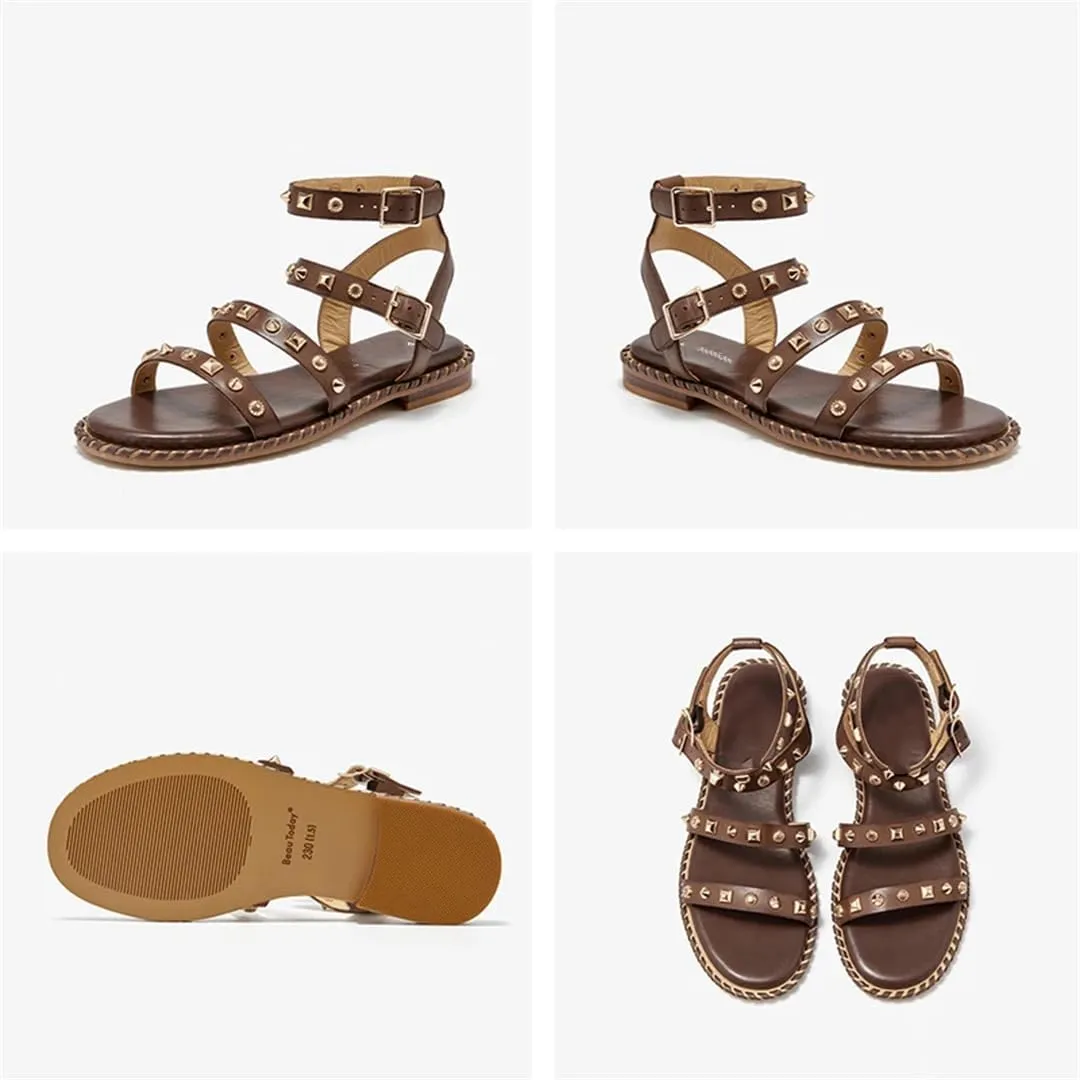 Womens Buckle Strap Ankle Strap Flat Heel Open Side Vamp Basic Sandals Cow Leather Metal Decoration Casual