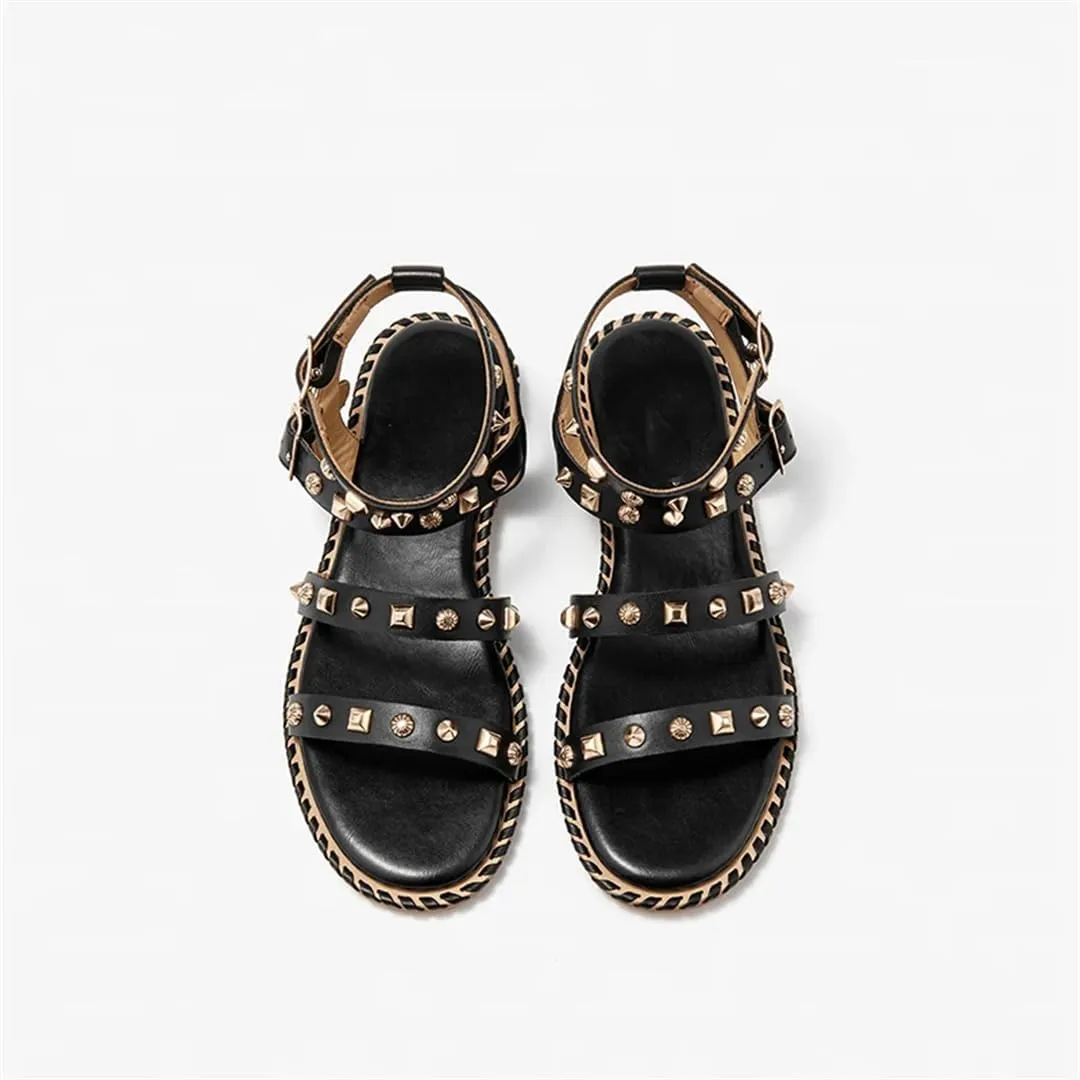 Womens Buckle Strap Ankle Strap Flat Heel Open Side Vamp Basic Sandals Cow Leather Metal Decoration Casual