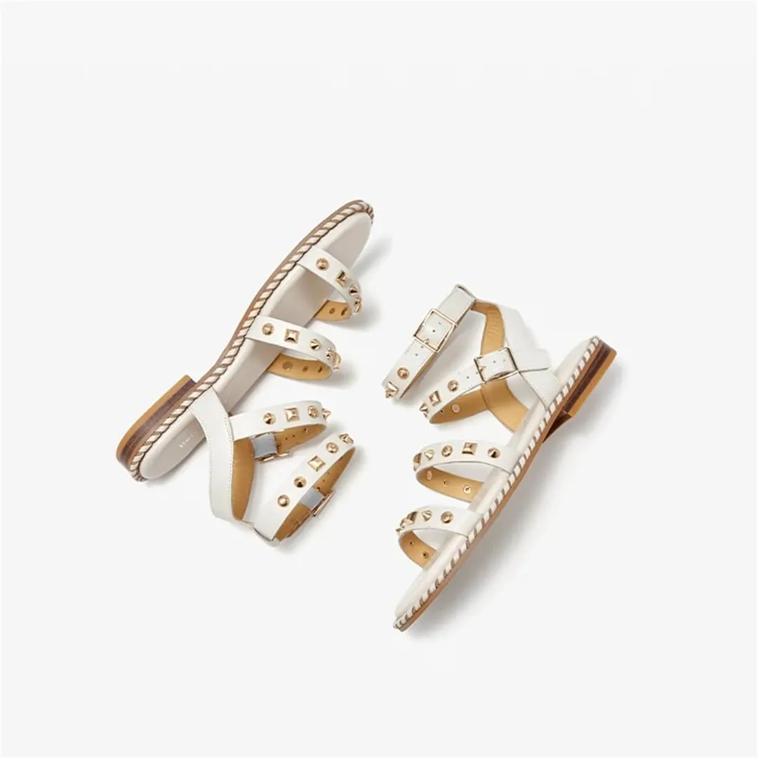 Womens Buckle Strap Ankle Strap Flat Heel Open Side Vamp Basic Sandals Cow Leather Metal Decoration Casual