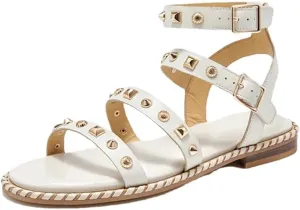 Womens Buckle Strap Ankle Strap Flat Heel Open Side Vamp Basic Sandals Cow Leather Metal Decoration Casual