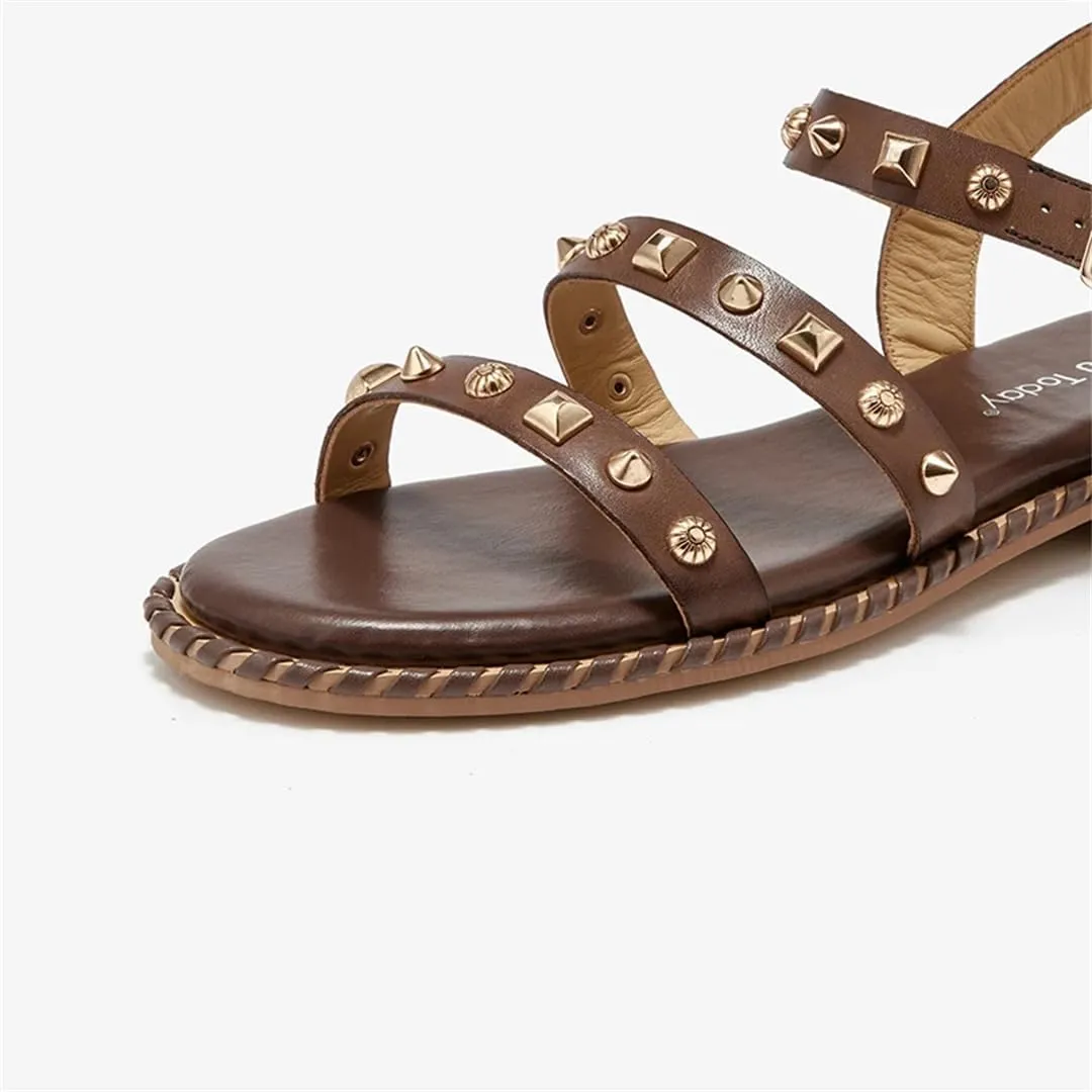Womens Buckle Strap Ankle Strap Flat Heel Open Side Vamp Basic Sandals Cow Leather Metal Decoration Casual