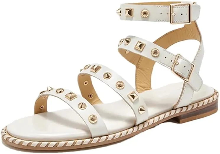 Womens Buckle Strap Ankle Strap Flat Heel Open Side Vamp Basic Sandals Cow Leather Metal Decoration Casual