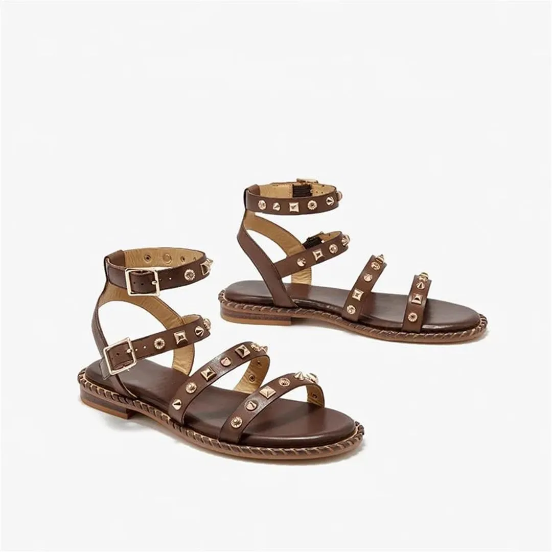 Womens Buckle Strap Ankle Strap Flat Heel Open Side Vamp Basic Sandals Cow Leather Metal Decoration Casual