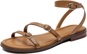 Womens Buckle Strap Ankle Strap Flat Heel Open Side Vamp Basic Sandals Split Leather Open Toe Casual Summer Sandals