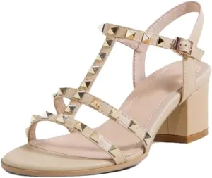 Womens Buckle Strap Ankle Strap Square Heel Open Side Vamp Punk Sandals Leather Studded Rivets Office Career High Heel
