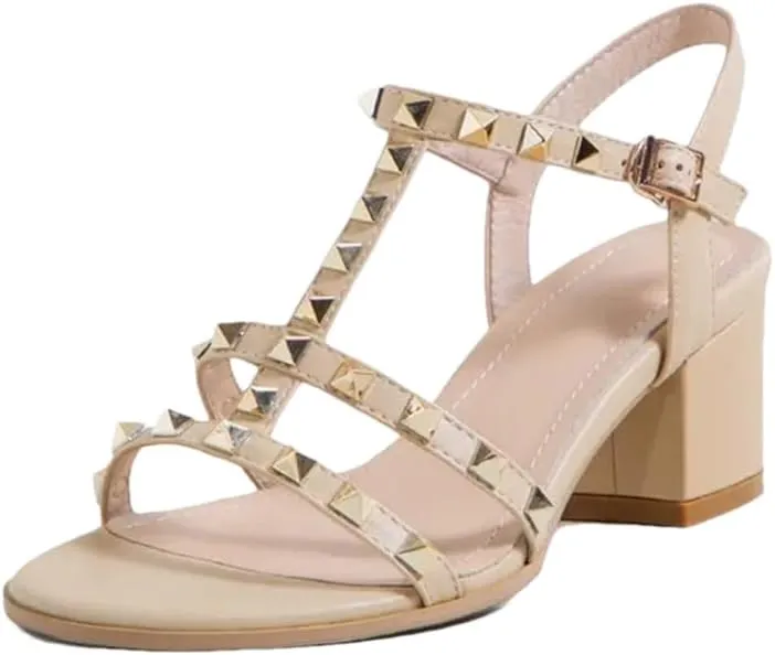 Womens Buckle Strap Ankle Strap Square Heel Open Side Vamp Punk Sandals Leather Studded Rivets Office Career High Heel