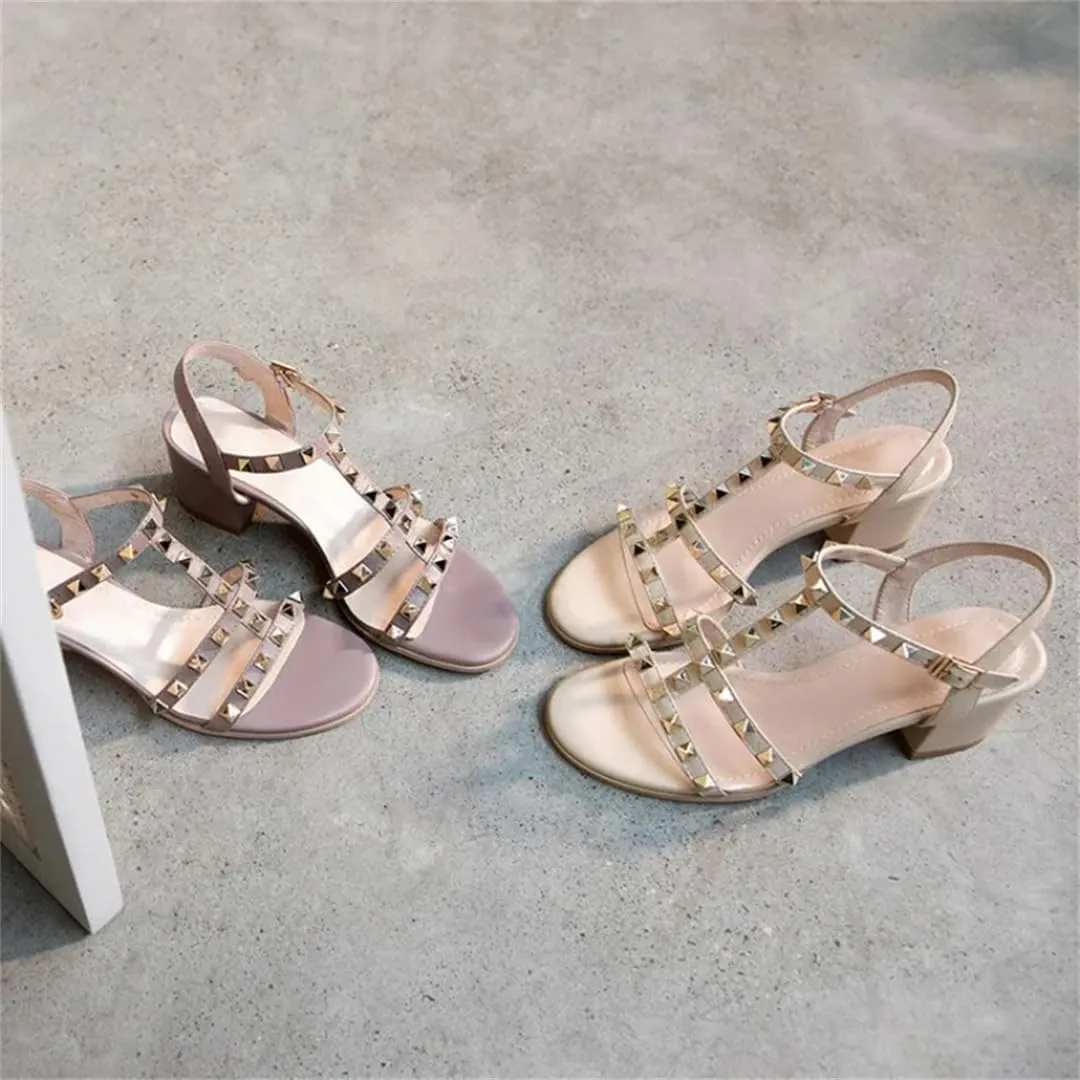 Womens Buckle Strap Ankle Strap Square Heel Open Side Vamp Punk Sandals Leather Studded Rivets Office Career High Heel
