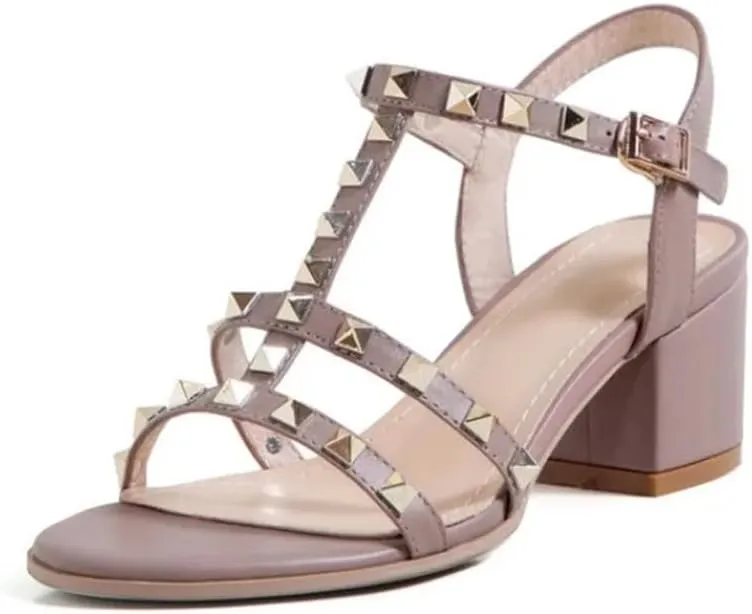 Womens Buckle Strap Ankle Strap Square Heel Open Side Vamp Punk Sandals Leather Studded Rivets Office Career High Heel